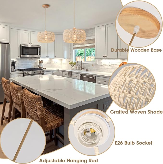 Rattan Pendant Light Fixture,Basket Chandelier Hanging Lights,Cream White Boho Drum Lighting Flush Mount Ceiling Lights Woven Wicker Chandeliers for Kitchen Island Dinning Hallway Bedroom