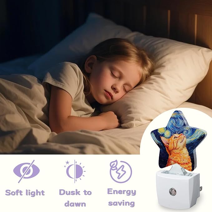 Cat Starry Night Night Lights Plug Into Wall Decorative,Oil Painting Nightlight with Dusk Sensor for Bathroom,Kitchen,Entryway,Room Accent,Gifts