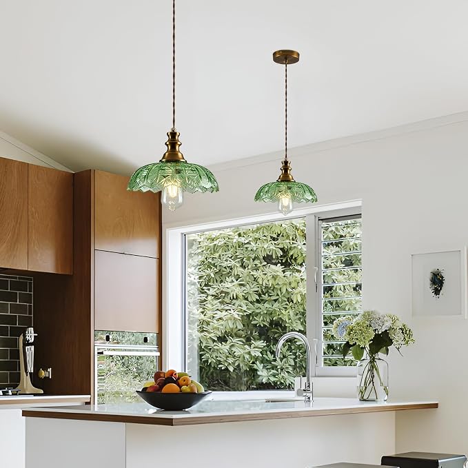 1-Light Pendant Light with Brass Gold Metal Green Glass Shade and Adjustable Cord Industrial Ceiling Hanging Light for Kitchen Island Bar Dining Room Bedroom Foyer Hallway Farmhouse