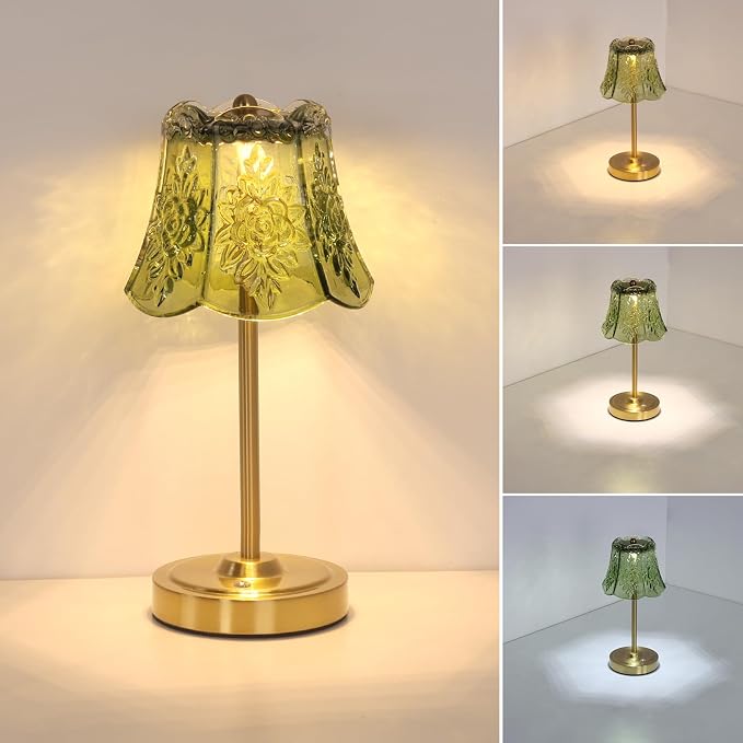 Shenmoyl Cordless Touch Table Lamp with 5200mAh Battery - 3 Adjustable Color Temperatures & Dimmable, Rechargeable Desk Lamp for Bedroom, Living Room, Office, Entryway, Bookshelves (Green Rose)