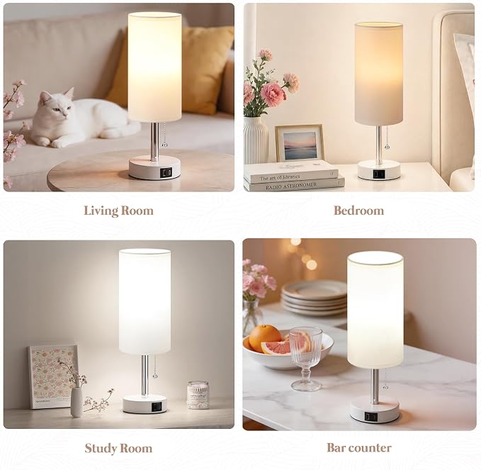 White Bedside Table Lamp for Bedroom - Small Nightstand Lamp for Girls | 3 Color Temp, USB A+C Ports, LED Bulb Included, Soft White Fabric Shade, Matte White Metal Base, 14" Desk Lamp for Kids Dorm