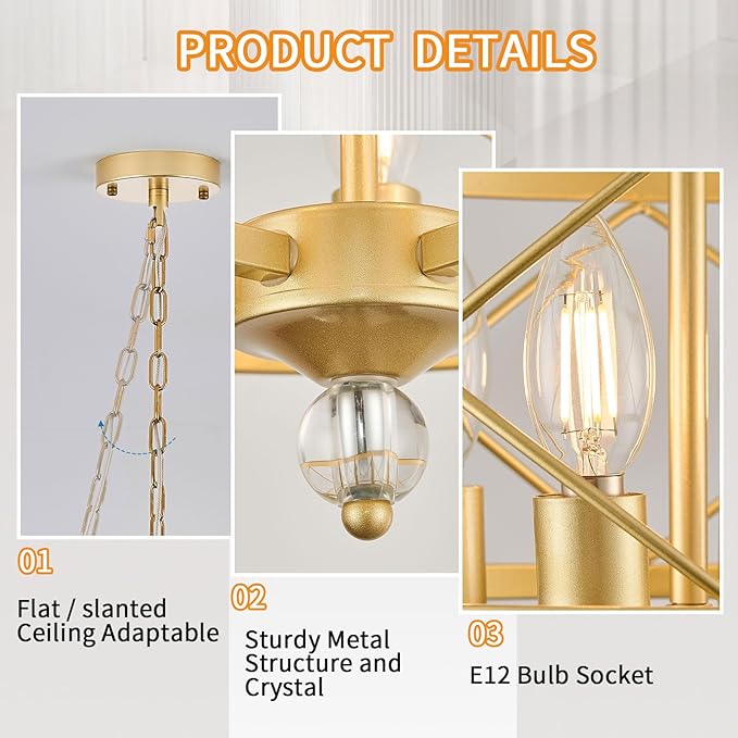5-Light Round Chandelier,15.2in Gold Farmhouse Lantern Pendant Light Fixture,Adjustable Hanging Ceiling Lamp,for Kitchen Island,Bedroom,Entryway,Dining Room
