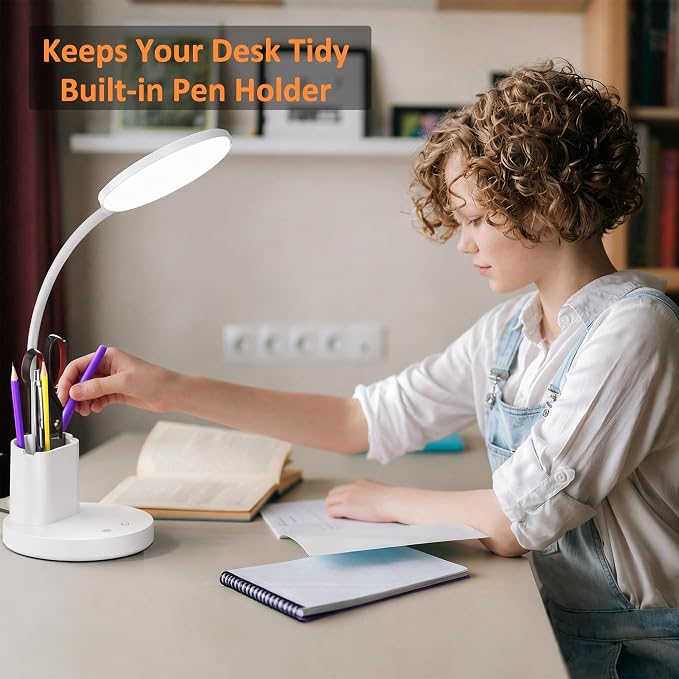 LED Desk Lamp for College Dorm with Pen Phone Holder, White | 3 Color Modes Dimmable Desk Light, College Dorm Essentials, 360° Adjustable Arm, Eye-caring Bedside Reading Lamp, 800 Lumen