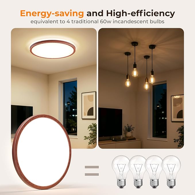 LED Flush Mount Ceiling Light, 12 Inch 24W 3000K/4000K/5000K Hardwire Light Fixture, Ultra Thin Round White Lamp for Kitchen Porch Bedroom Hallway Stairwell Basement- Walnut
