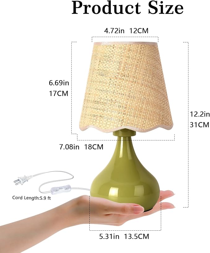 Green Small Touch Control Table Lamp for Bedroom,Green Bedside Lamps for Nightstand,Cute Mini Small Table Lamps for Small Spaces with Scalloped Shade for Kitchen Counter,Bookshelf,Living Room
