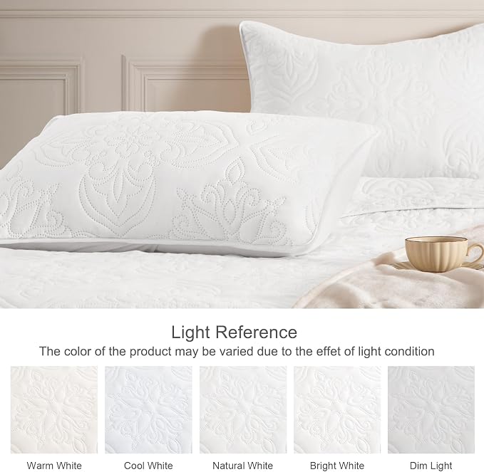 Whale Flotilla Queen Quilt Bedding Set Vintage Damask Reversible Bedspread | Suitable for Bed, 3 Pieces White Lightweight Breathable Quilts Queen Size, Ultrasonic Coverlet Bed Cover with 2 Pillow Shams