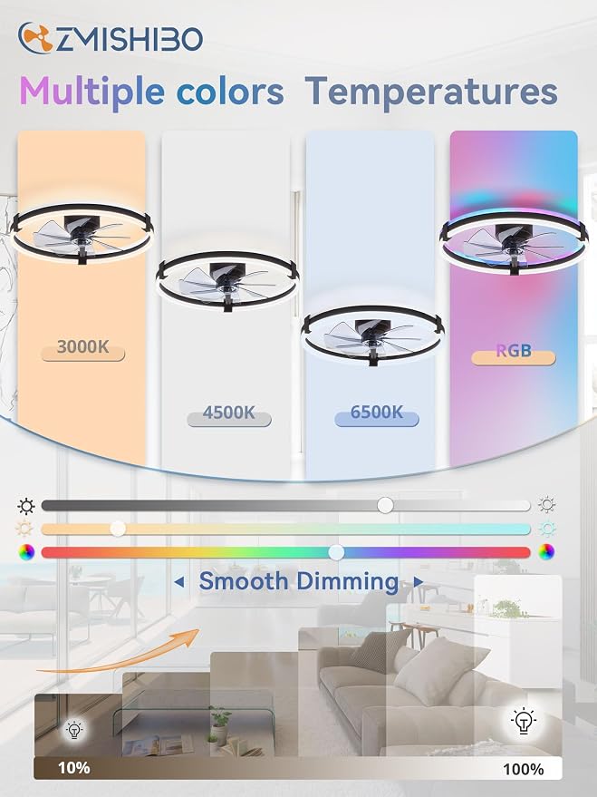 ZMISHIBO 23" RGB Low Profile Ceiling Fans with Lights and Remote, Black | Custom RGB+3CCT Dimmable, 6 Speeds, Remote/App Control, Reversible DC Motor, Memory, Timer, Modern Fandelier for Kids/Bedroom