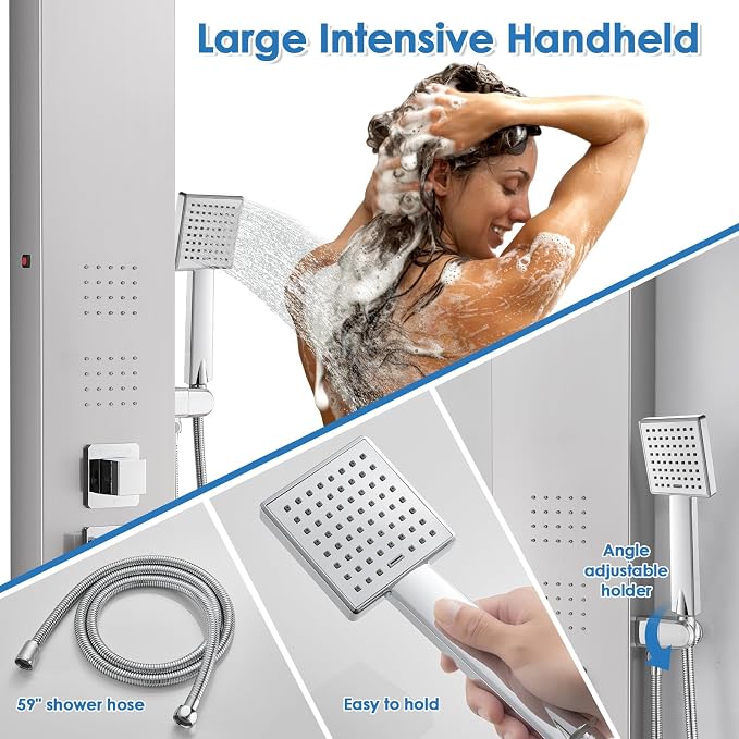 ROVOGO LED Shower Panel Tower System with Lights, 5 Shower Modes, 46.5 Inch | Rainfall Waterfall Shower Head, 4 Body Jets, Handheld and Tub Spout, Stainless Steel Shower Column with Brass Valves, Brushed