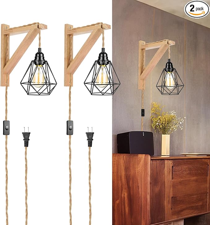 Frideko Plug in Wall Sconce Set of Two,Boho Farmhouse Hanging Wall Lamp with Plug in Cord, Wall Light with Wood Shelf Bracket for Bedroom Living Room Apartment RV Camper(Black 2pcs)