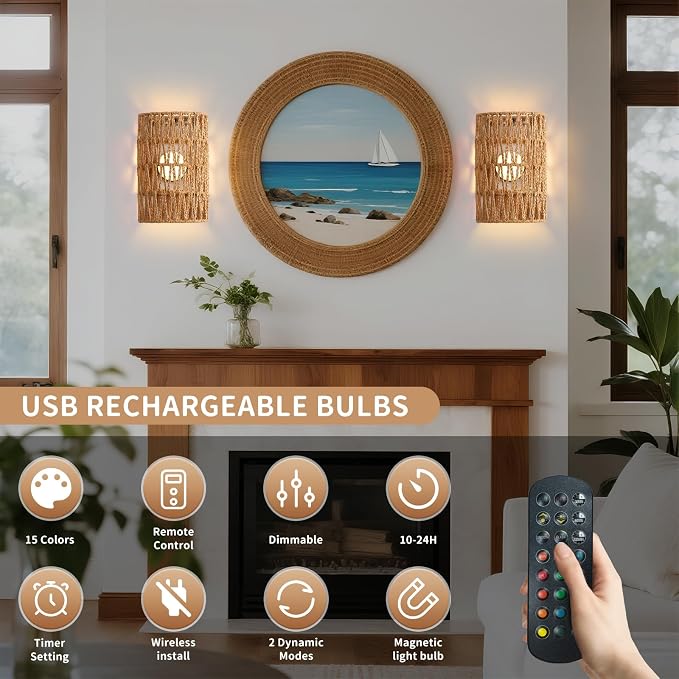 Battery Powered Wall Sconce, Rattan Rechargeable Wall lamp, Bohemian Wall Sconces with Remote Control RGB Dimmable, Wireless Wall Sconce Set of 2 for Bedroom, Hallway, Living Room