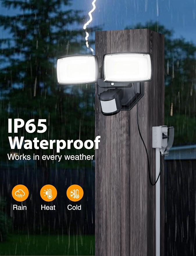 Onforu 32W Plug in Motion Sensor Lights Outdoor, 3200LM Motion Flood Light Dusk to Dawn, IP65 Waterproof Led Security Light Outside, 2 Heads Motion Activated Wall Light for Garage, Porch, Yard - Black