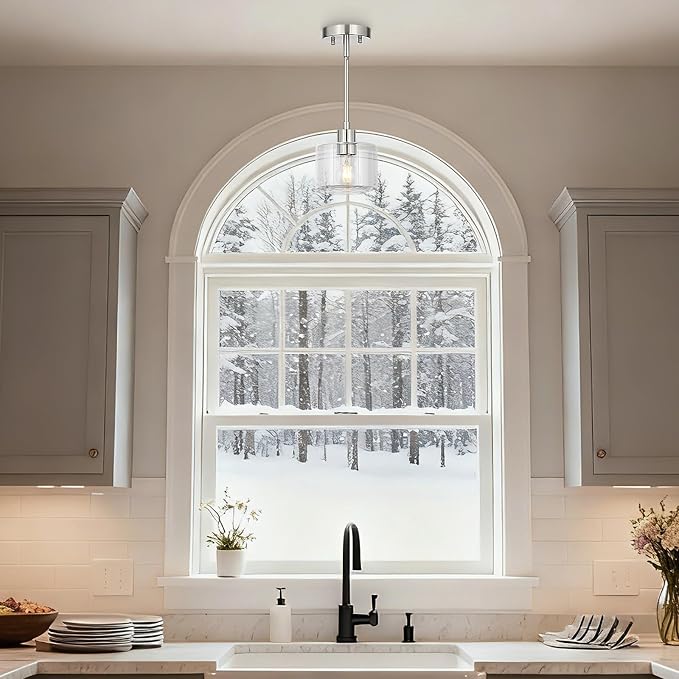 Brushed Nickel Pendant Lights Kitchen Island, 1-Light Modern Clear Glass Hanging Light Fixtures with Rods, Mini Kitchen Pendant Lighting Over Island for Sink Bathroom, OS-YQ8153-1PBNC