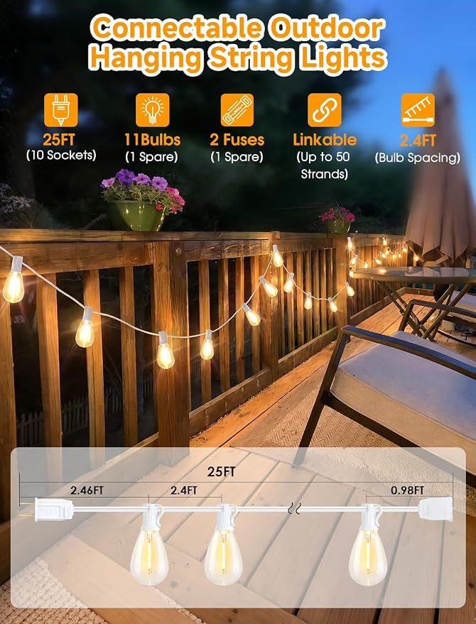25FT LED Outdoor Patio String Lights, 10+1 Edison S11 Bulbs, White | Plug in, Dimmer not included, Dimmable, Waterproof, Shatterproof, Connectable Hanging Lights for Patio Wedding Outside Decor