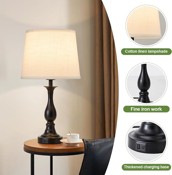 Bedside Table Lamp Touch Control Bedroom Lamps with USB A + C Charging Port 3 Way Dimmable Touch Lamps for Nightstand Living Room Bedroom Dorm Home Office Reading, Set of 2 (White Shade & Black Base)