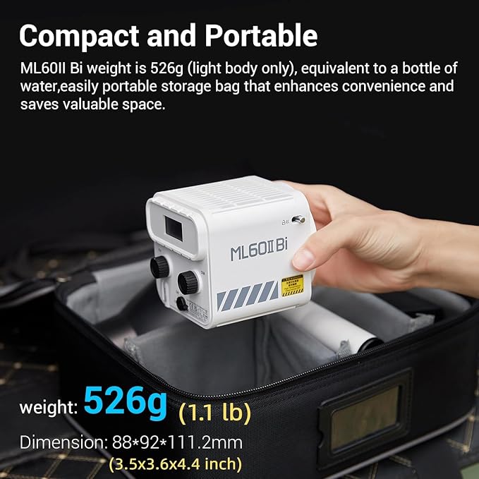 Godox ML60IIBi with Handheld Bracket, 70W Bi-Color LED Video Light, Handheld LED Light with Quiet Cooling Fan, Portable COB Continuous Output Lighting, 11 FX Effects 0-100% Brightness