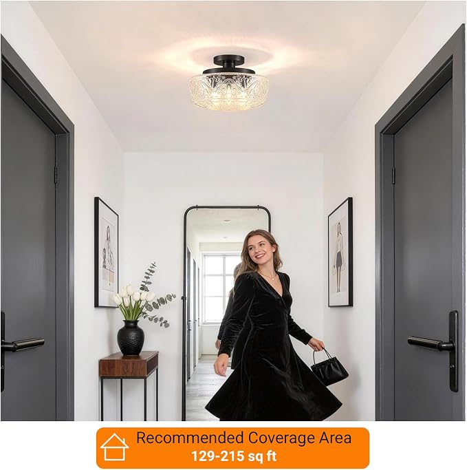 Daunton 3 Light Semi Flush Mount Ceiling Light Fixtures, Matte Black Hallway Light Fixtures with Thickened Glass, Vintage Ceiling Light Fixture for Bedroom Closet Entryway Bathroom Kitchen, E26*3