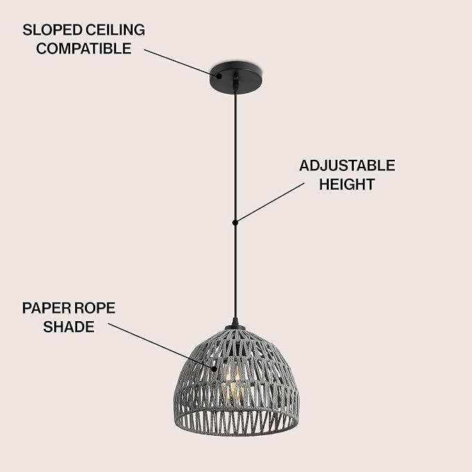 JONATHAN Y Campana 1-Light Pendant Dome Ceiling Lamp, 10.25", Gray | Modern Coastal Farmhouse Decor, Adjustable Height, Woven Rope Metal Frame, LED Bulb Included, UL Listed