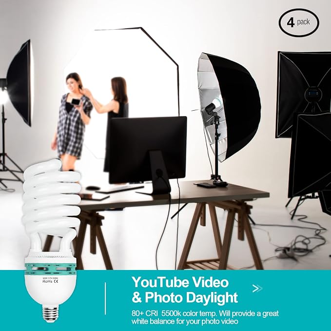 EMART Full Spectrum Light Bulb, 105W CFL Light Bulbs for Photography 4Pack | 5500K E26/E27 Spiral Light Bulbs for Softbox Lighting Kit, Replacement Lamp for Video Studio, Household Use, Portrait Photo