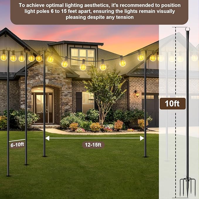 2 Pack 10FT Lighting Hanging Pole for Outside, Waterproof Hardened Metal Outdoor String Light Poles for Patio, Garden, Bistro, Wedding, Parties