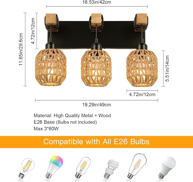 foucasal Bathroom Vanity Light Fixtures, 3-Light Farmhouse Bathroom Light | Light Fixtures Over Mirror, Rustic Boho Wood Sconces Wall Lighting with Woven Lampshade for Living Room, Bedroom, Hallway