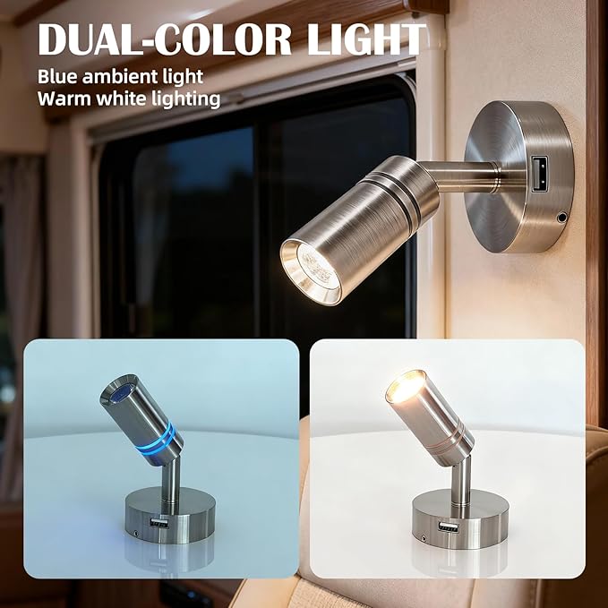 THALASSA 12V Interior LED RV Reading Lamp with 5V USB Port - Built-in Touch Switch, Dimmable Brightness, Surface Mounted on Wall Headboard of Boat Camper Van Travel Trailer Truck Cars Interior Light