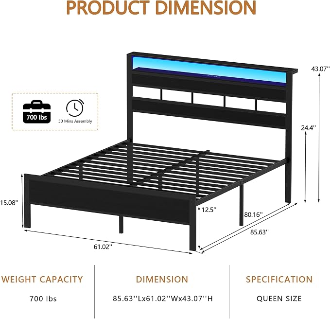 Queen Bed Frame with Storage Headboard and LED Lights, Black Oak | Heavy Duty Metal Slats Support, 2-Tier Wood Shelf, Charging Station:USB & Type-C Ports,Noise-Free,No Box Spring,Easy Assembly