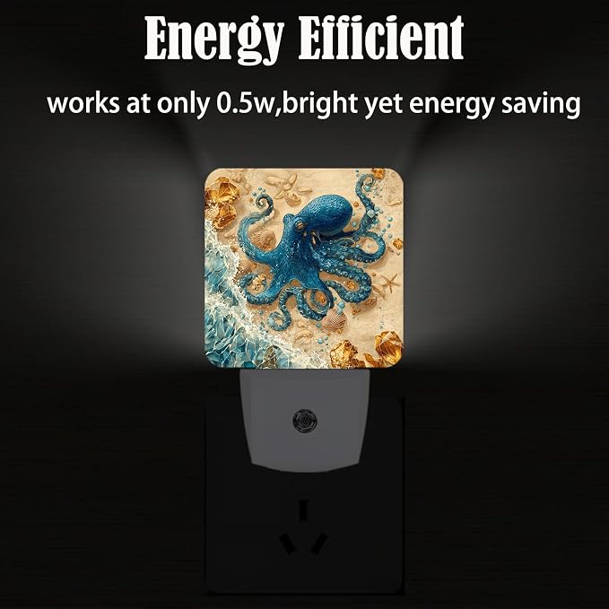 Octopus on Beach Night Light,Plug-in Night Lights with Dusk-to-Dawn Sensor for Stairway,Hallway,Bedroom Sleep Friendly Ideal for Women/Girls/Boys Gift,0.5w