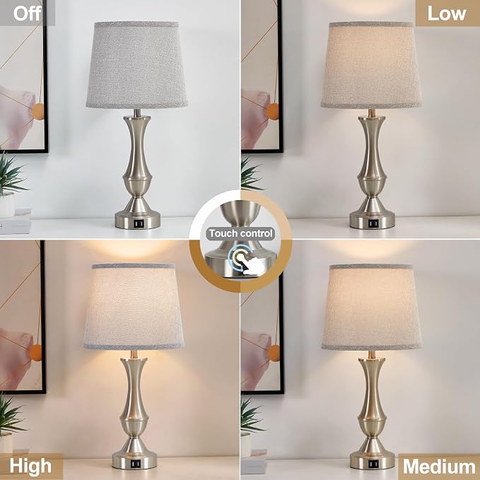 Touch Table Lamps Set of 2, 22" Tall Bedside Lamps, Nightstand Lamps with USB C+A Charging Ports, Dimmable Lamp for Bedrooms, Living Room, Office, Silver Lamp with Grey Lampshade, Bulbs Included
