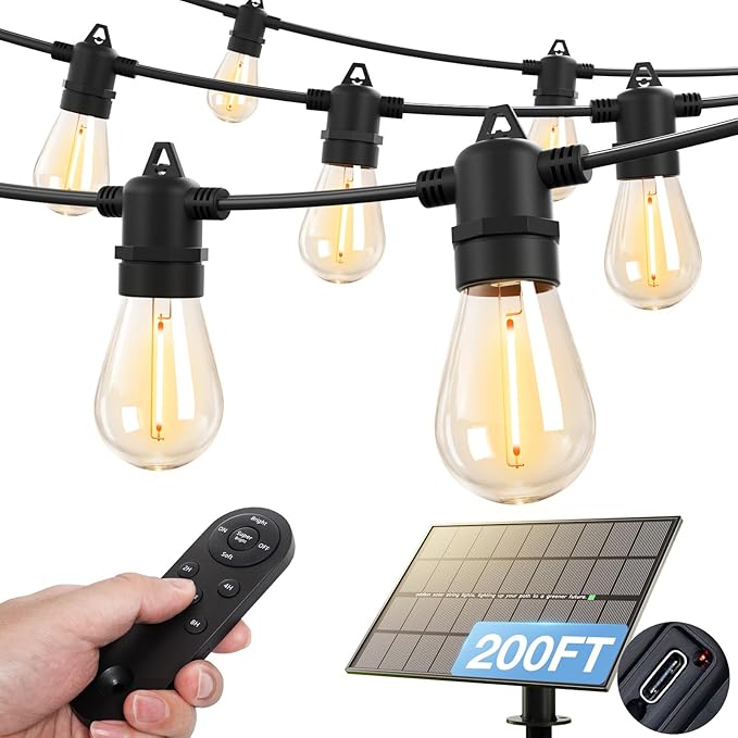 addlon 200FT(192+8) Solar String Lights Outdoor Waterproof 6W Panel with USB Port & Remote Control Solar Powered Patio Lights for Outside with 68 LED Dimmable Bulbs for Porch Garden Deck Halloween