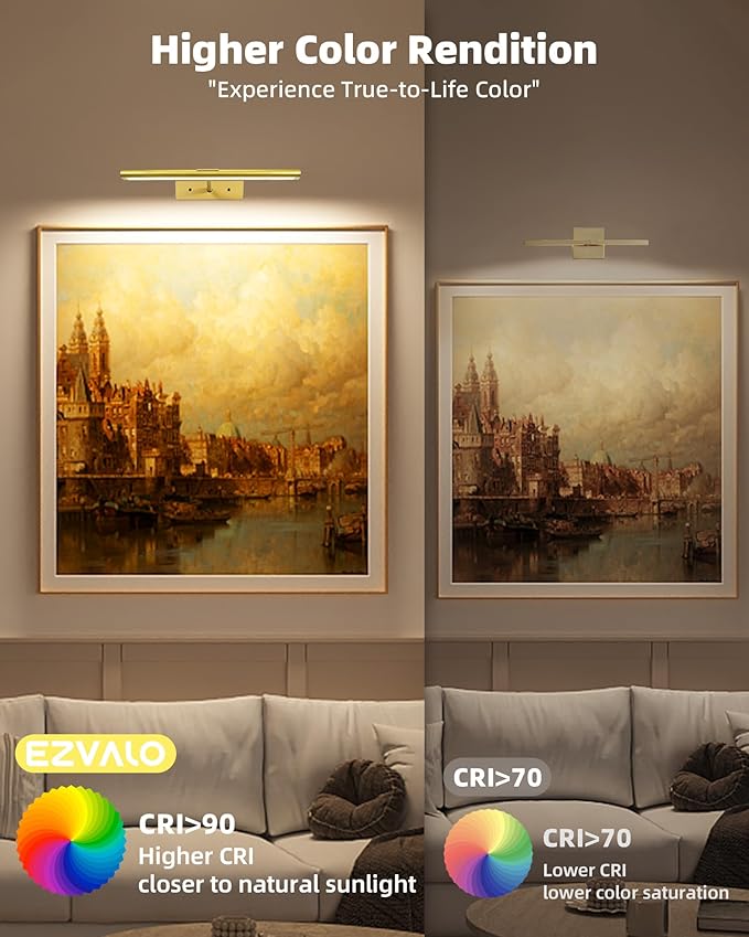 EZVALO Picture Light for Wall, 4800mAh 13'' Rechargeable Wireless Lights with IR Remote, Dimmable Magnetic LED Art Display Light with 3 Color Temp, for Gallery, Living Room, Bedroom(Gold-2Pack)