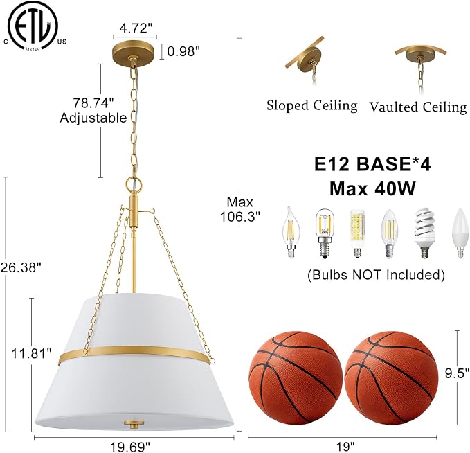 20" Gold Drum Chandelier for Dining Room, White Linen Shade Pendant Light | Modern Transitional, Large Fabric Drum Design, 4-Light, 3 Side Chains, for Kitchen Island,Adjustable Height,19.69"W × 26.38"H