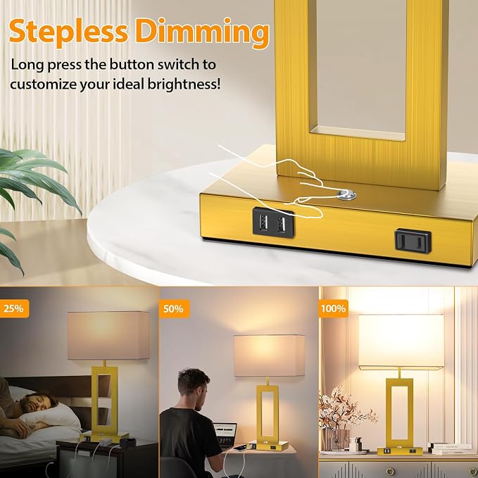 Table Lamps for Bedrooms Set of 2, 27.2’’ Super Tall Modern Gold Lamps for Living Room Nightstand End Tables, Button Touch Control Bedside Lamps with 2 USB Ports, 3 Color Temp. E26 Bulbs Included