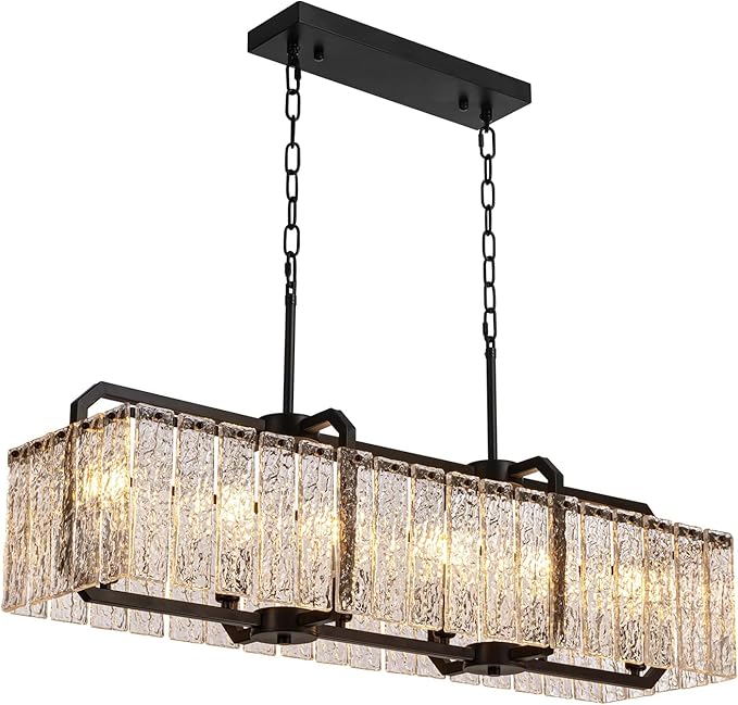 CROSSIO Modern Rectangle Black Crystal Chandeliers for Dining Room, L40 Rectangular Water Ripple Glass Pendant Light Fixture, Linear Farmhouse Lighting for Kitchen Island, Living Room, 6 Lights