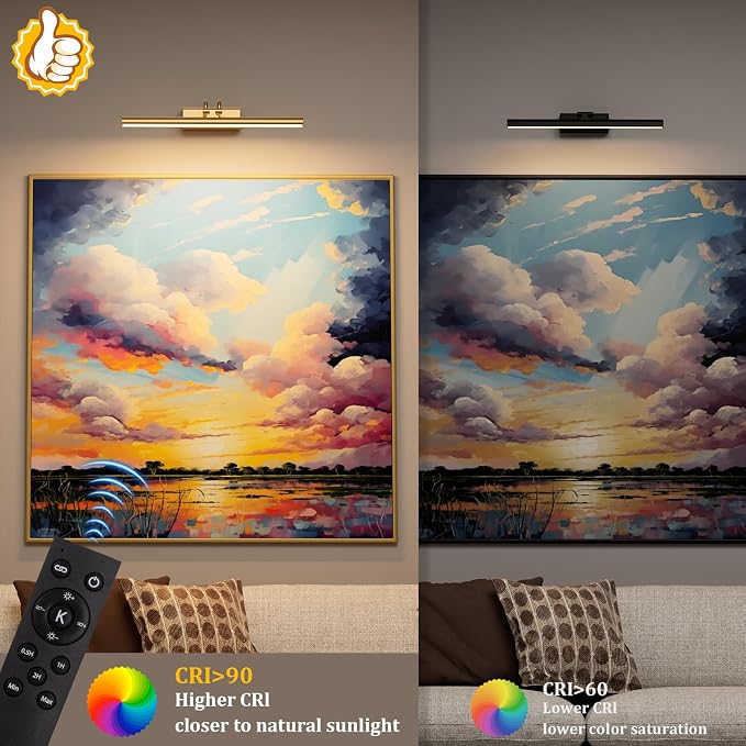 13.8'' Battery Operated Picture Light for Wall, Remote Control | 4000mAh Cordless,Gold Wall Light, Magnetic for Easy to Charge,Timers, Display for Gallery Living Room Bedroom