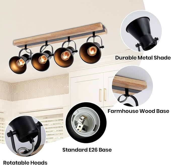 SEEBLEN 4-Lights Rustic Flush Mount Ceiling Light, Industrial Track Lighting Fixture, Rotatable Kitchen Track Lighting with Wood Base for Sink Dining Room, Living Room