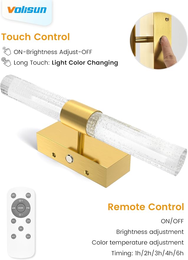VOLISUN Battery Operated Wall Sconces Set of Two,Gold Sconces Wall Decor Set of 2,Wireless Wall Sconces with Remote,Rechargeable Wall Light for Living Room,Bedroom,Bathroom,Vanity (15.3 inch)