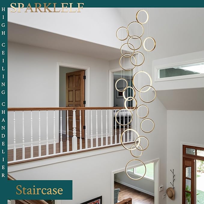 20 Rings Modern LED Chandelier for High Ceiling Dimmable Gold Contemporary Foyer Long Chandelier for Entryway, Long Pendant Light Fixture Staircase Dining Living Room, 3000-6500K