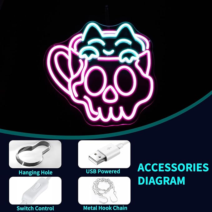 Neon Sign, JGHTURIE Cup Neon Signs for Wall Decor Funny Skull Cat Light Up Sign USB Powered Pink Led Signs for Man Cave Business Coffee Cafe Shop Bakery Hotel Store