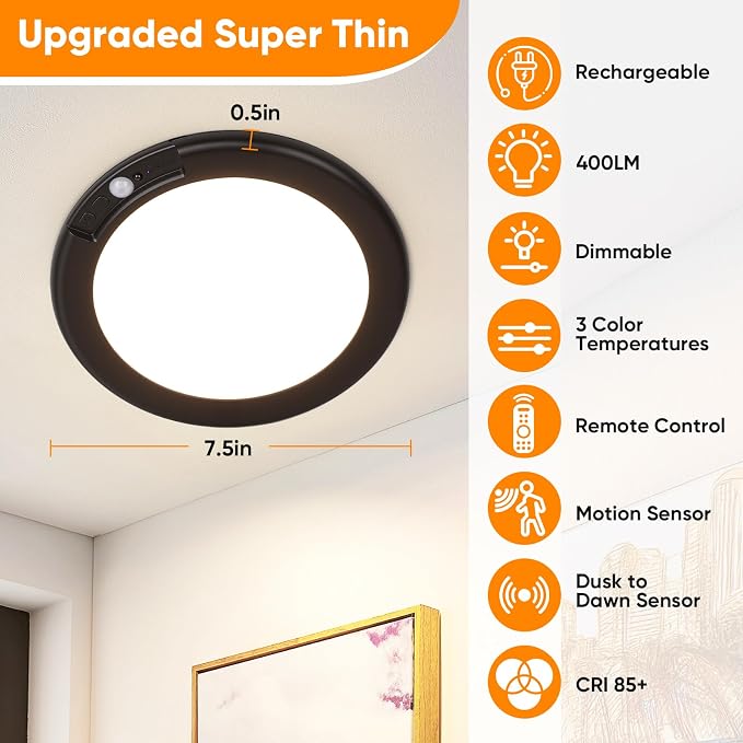 Rechargeable Motion Sensor Ceiling Light, Battery Operated Closet Light | Wireless Battery Powered LED Shower Light, Magnetic Cordless Ceiling Light with Remote, Overhead Lamp for Pantry Shed, Black