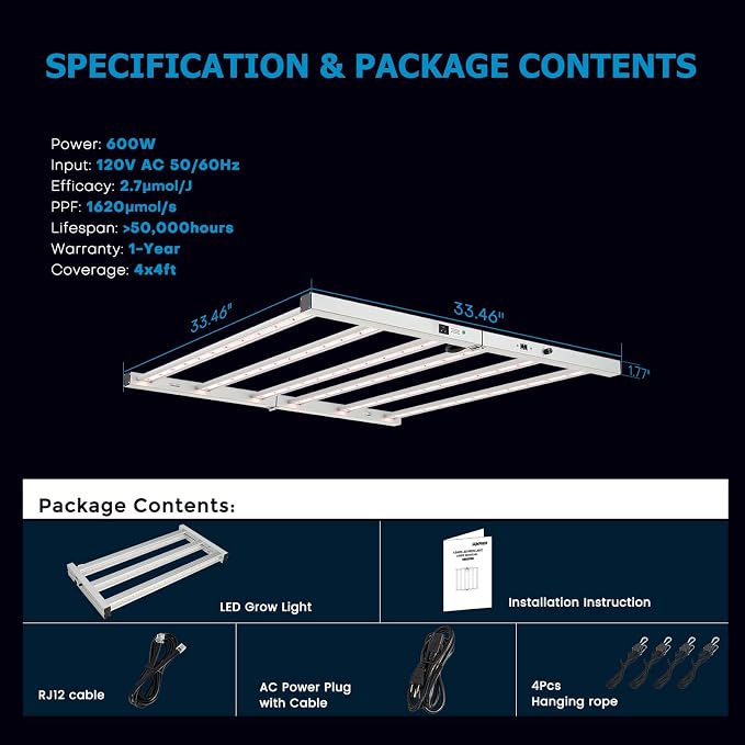 600W LED Grow Lights for Indoor Plants Full Spectrum, Foldable Growing Lamp, 4x4ft Coverage, 6 Bar Diodes Dimmable Daisy Chain Bar Style Grow Light for Indoor Growing