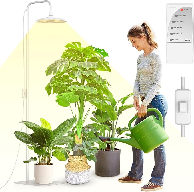 SANSI Grow Lights for Indoor Plants, 100W Full Spectrum Tall Standing | 10200LM, 240 LEDs, CRI Near 100, Adjustable 47-70.86in Height, 5-Level Dimmable, 8/12/14H Auto Timer, Remote Control
