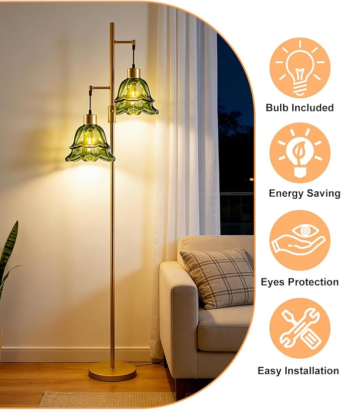 Lightdot 65IN Gold Flower Floor Lamp for Living Room, 2- Light Dimmable Floor Lamps with Green Glass Lampshade, 3000K Warm White Modern Standing Tall Lamp for Bedroom Sofa Beside Corner Decor