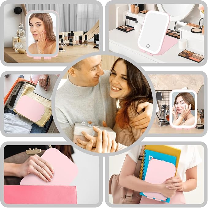 Koolstuffs Travel Mirror with Light with Battery-Powered | Rechargeable Portable Makeup Mirror, 3 Colors LED Lighting, Dimmable Touch Screen