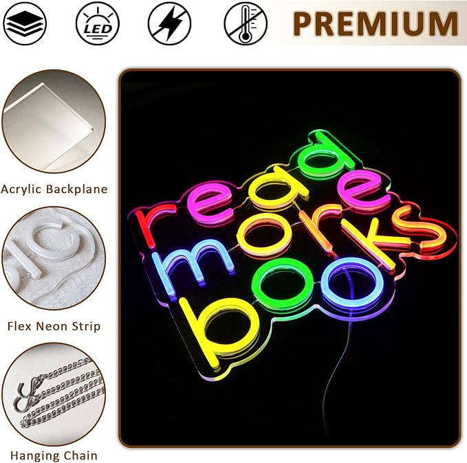 Read More Books Neon Sign for Wall Decor, Reading Led Signs for Library, USB Dimmable Neon Lights for Classroom Reading Corner Bedroom Study Room Home Book Club Motivational Wall Art
