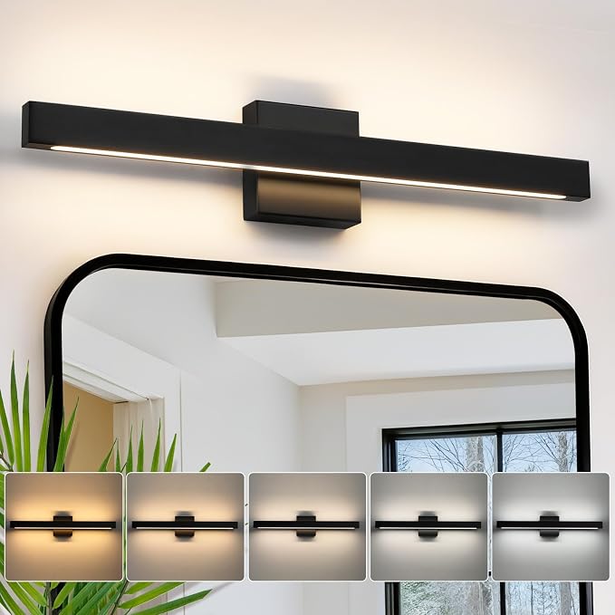Modern Bathroom Vanity Light 24 Inch Black Bathroom Lighting Fixtures Over Mirror 20W 5CCT Dimmable LED Vanity Lights Bar for Bathroom Mirror Restroom Bedroom