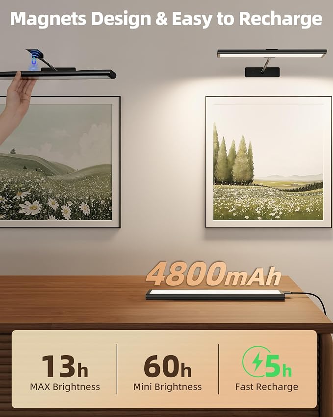 EZVALO Picture Light for Wall, 4800mAh Rechargeable Wireless Black Lights for Painting, 16In Dimmable Magnetic LED RGB Art Display Light, Colors Temperatures, for Gallery, Living Room, Hallway