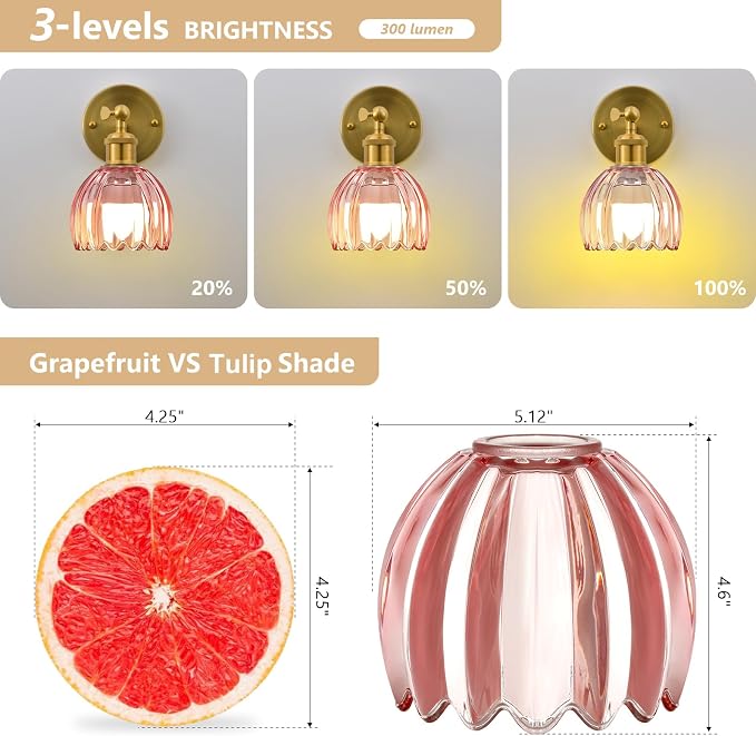 Vintage Battery Operated Wall Sconce, Pink Tulip Glass Lampshade Wireless Rechargeable Battery Powered LED Wall Light with Remote Dimmable for Bedside Bedroom Doorway Living Room, Set of 2