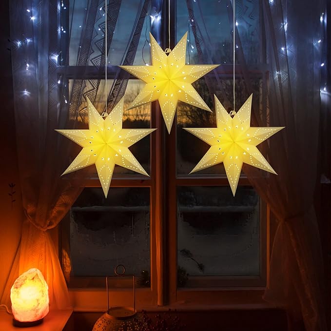 Large Paper Star Lanterns with Lights 3D 7 Pointed Christmas Paper Lanterns 3Pcs Foldable Decorative Christmas Hanging Decorations for Xmas Birthday Holiday Wedding Home Decor New Year Party