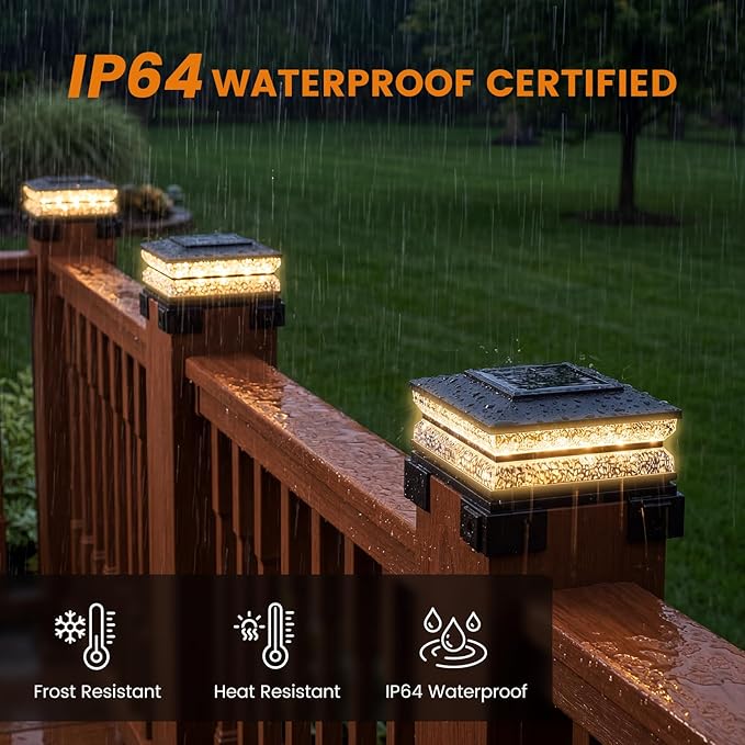 APONUO Solar Post Cap Lights Outdoor, 3 CCT & 2 Brightness Deck Post Lights Solar Powered for 4x4 5x5 6x6 Vinyl Wooden Posts, Waterproof Dusk to Dawn Fence Deck Lights for Patio Garden, Black, 8-Pack