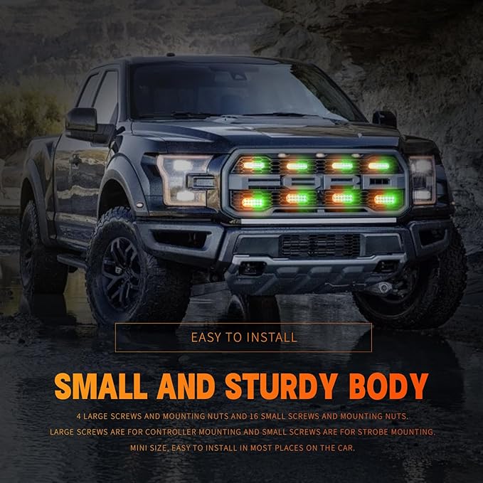 BooYu 8-pcs Green/Amber Surface Mount LED Emergency Strobe Lights for Trucks, Vehicles, Sync Feature Ultra Slim Grille Flashing Warning Hazard Light Bar w/Controller for Construction, Firefighter